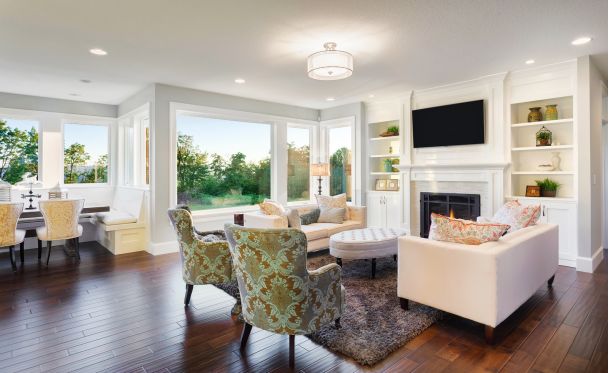 Living Room large windows wood floors