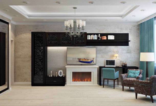 Living room fireplace with chandelier