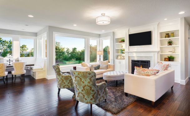 Living Room large windows wood floors