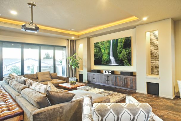 Media room with LED lighting and yellow tint