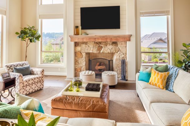 Living room with warm tones and fireplace