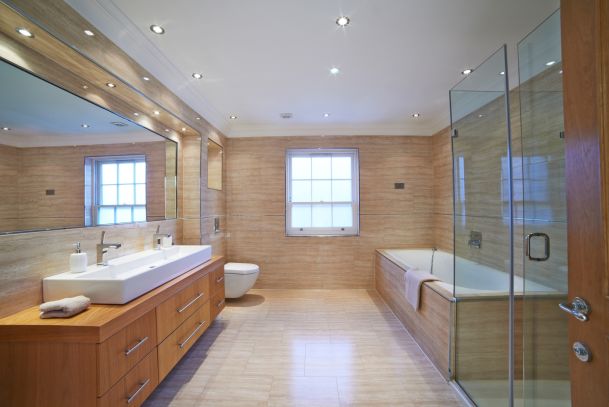 Bathroom tan lighting on ceiling